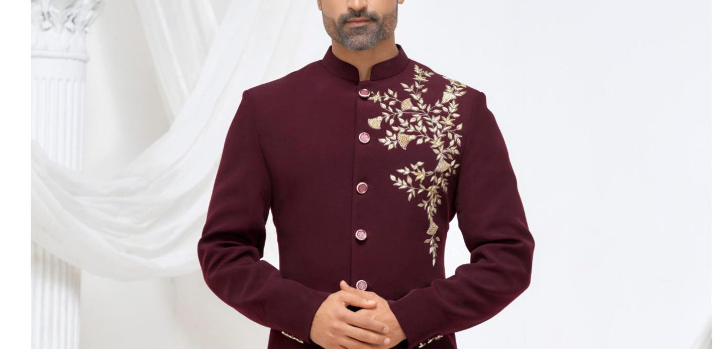 Maroon Groom Sherwani: Indian Wedding Outfit with Embroidery