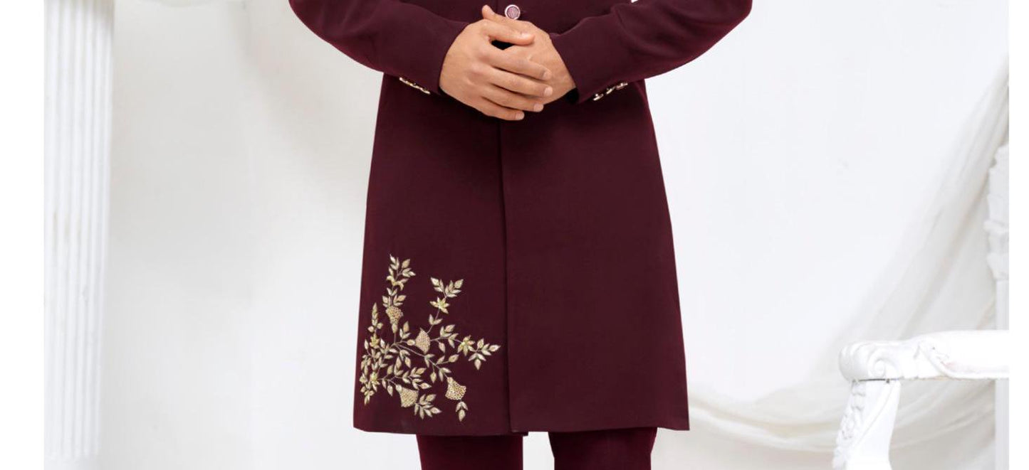 Maroon Groom Sherwani: Indian Wedding Outfit with Embroidery