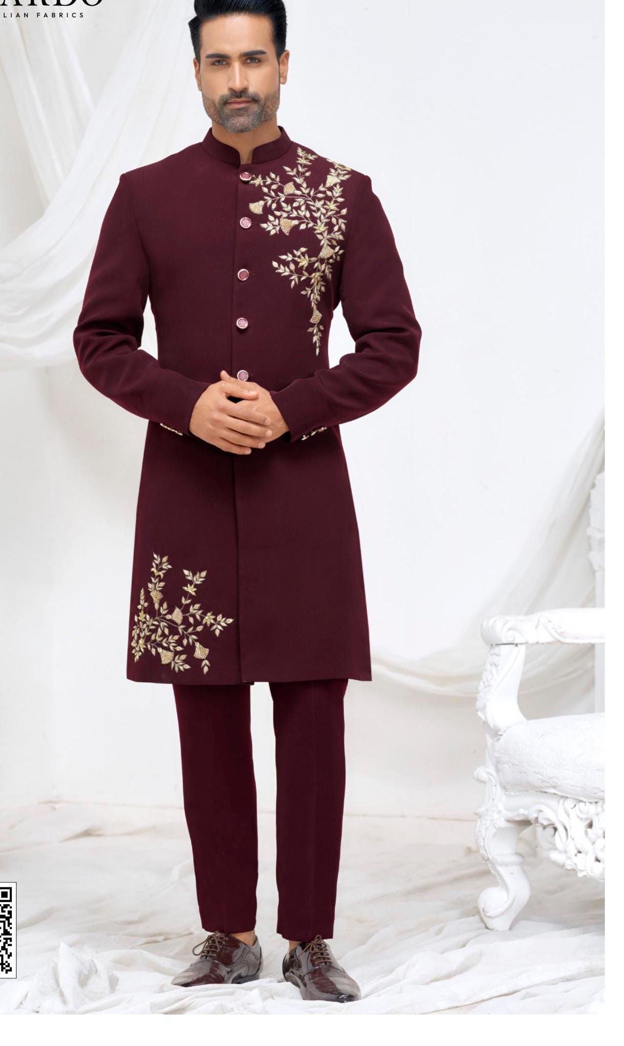Maroon Groom Sherwani: Indian Wedding Outfit with Embroidery