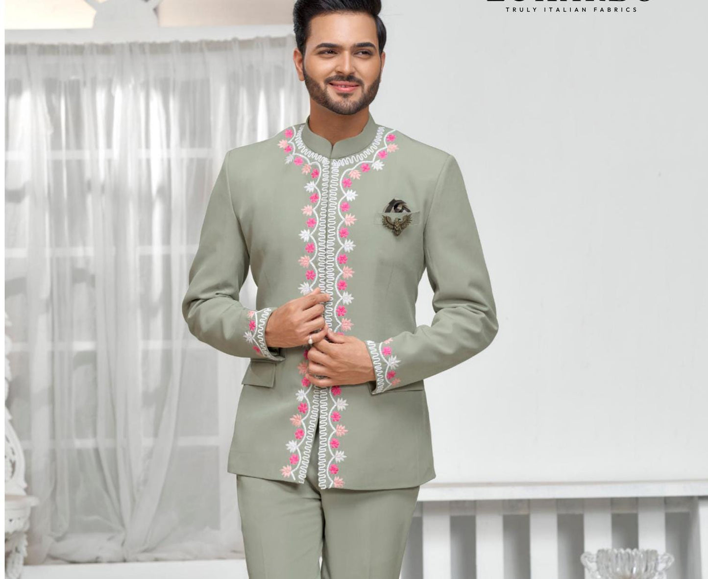 Sage Green Embroidered Jodhpuri Suit: Terry Rayon Groom Wedding Outfit
