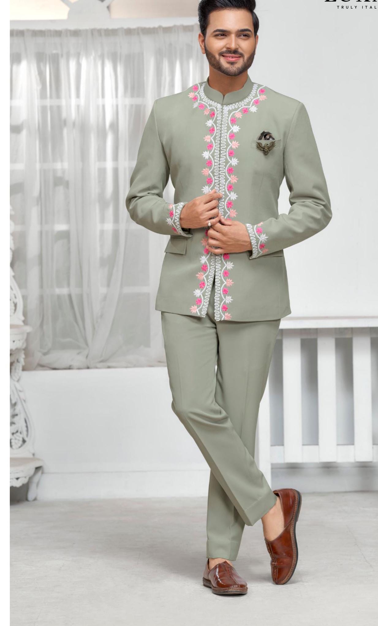 Sage Green Embroidered Jodhpuri Suit: Terry Rayon Groom Wedding Outfit
