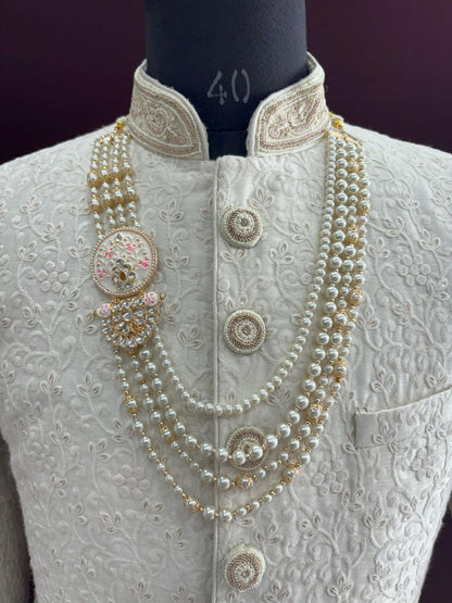 Ivory Pearl Indian Groom Necklace, Kundan Sherwani Kantha with Pink Brooch