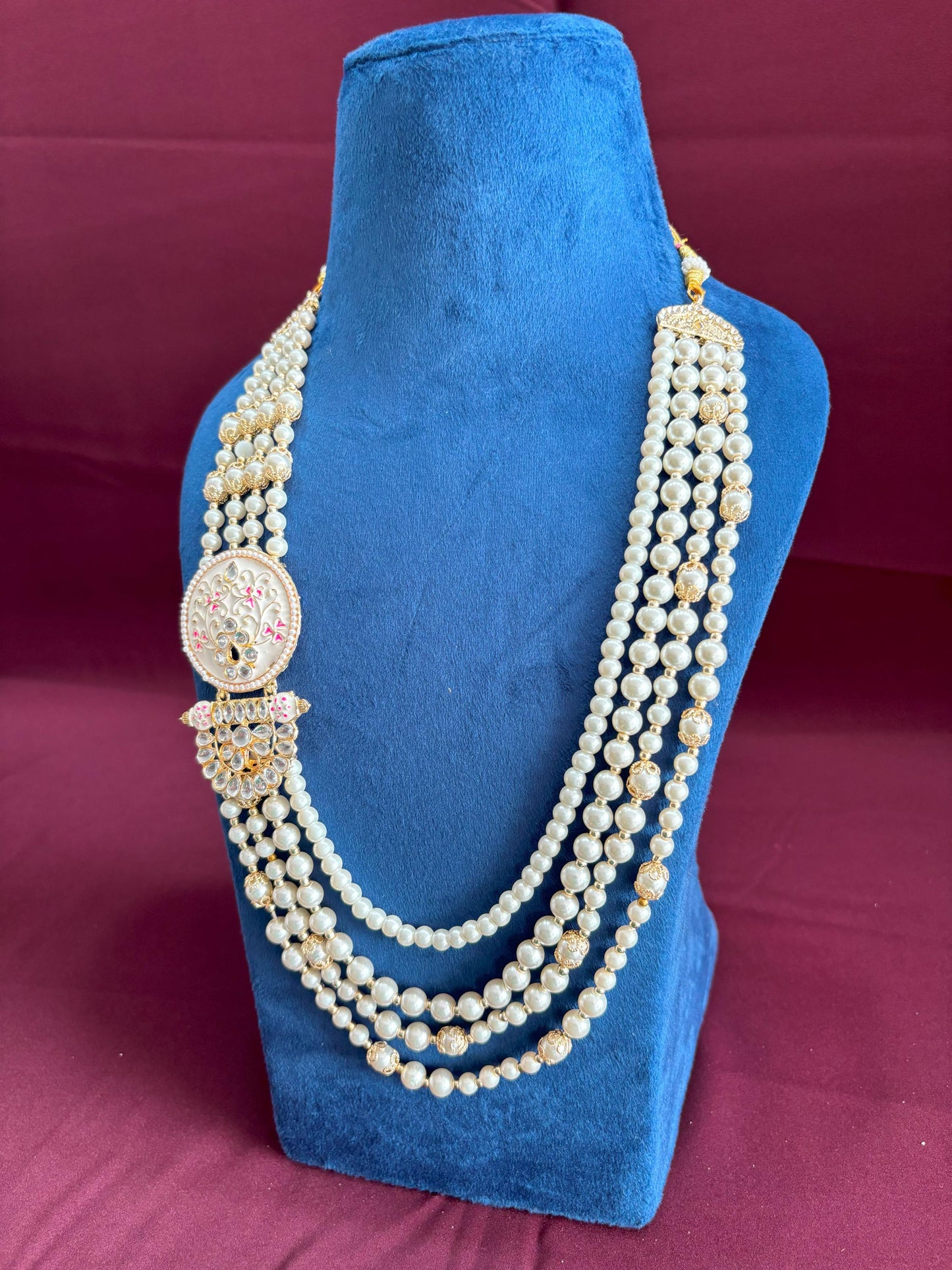 Ivory Pearl Indian Groom Necklace, Kundan Sherwani Kantha with Pink Brooch