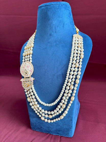 Ivory Pearl Indian Groom Necklace, Kundan Sherwani Kantha with Pink Brooch