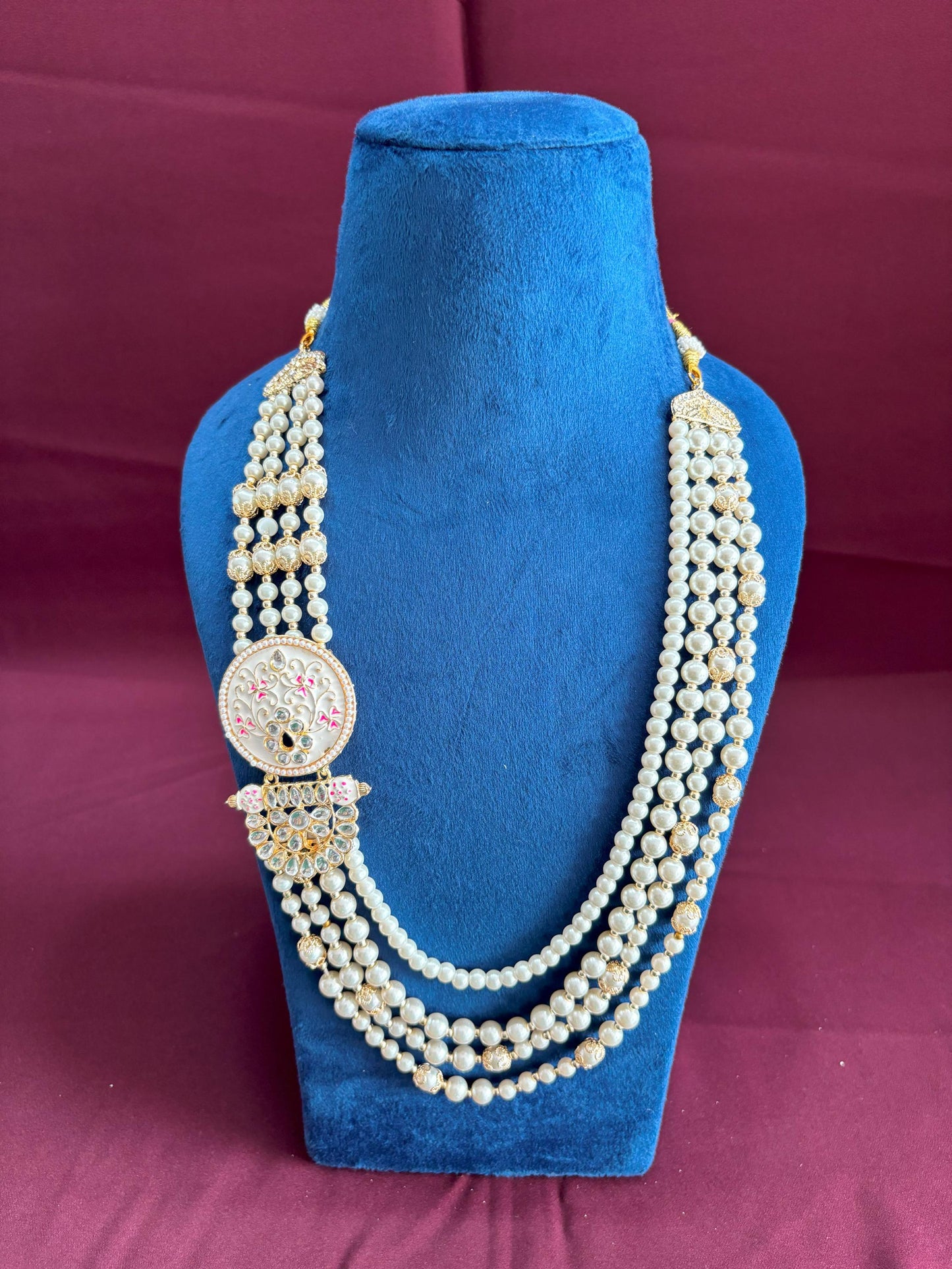 Ivory Pearl Indian Groom Necklace, Kundan Sherwani Kantha with Pink Brooch