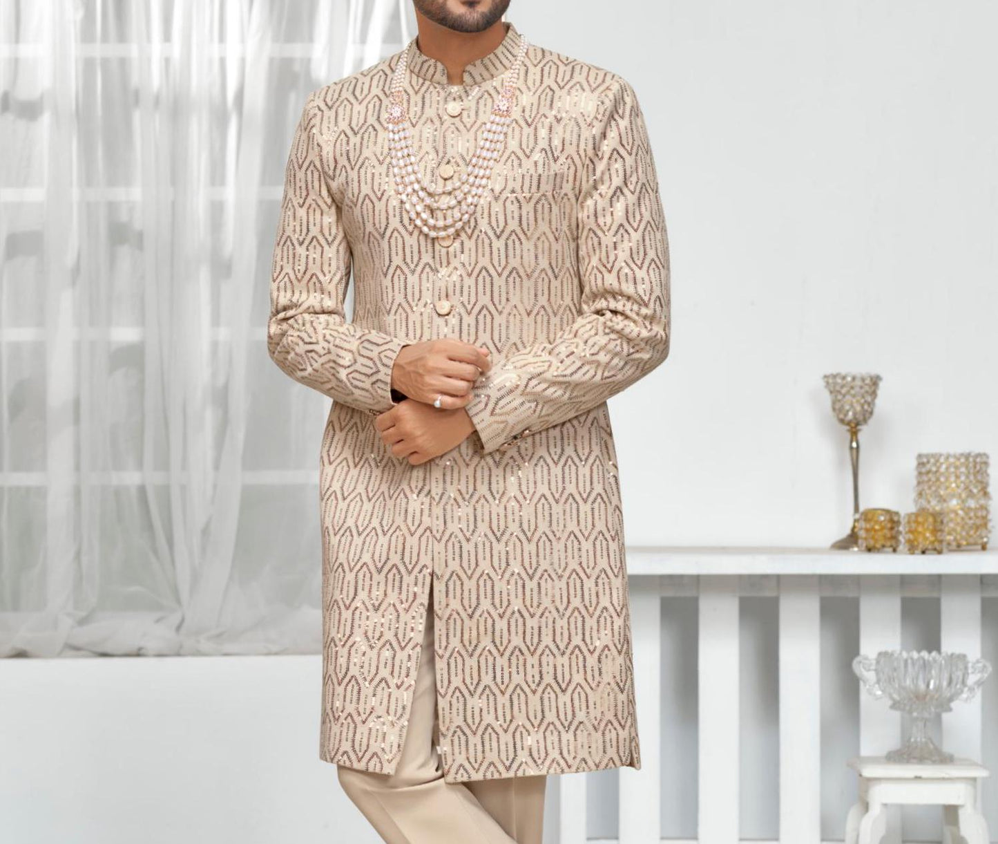Handcrafted Golden Wedding Sherwani, Indian Groom Attire