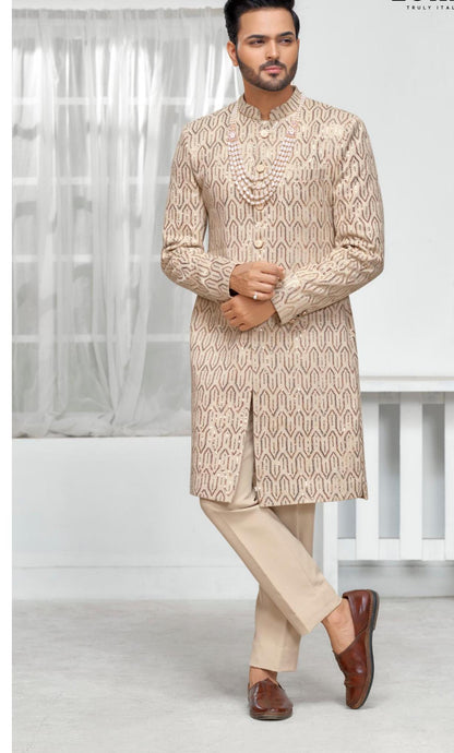 Handcrafted Golden Wedding Sherwani, Indian Groom Attire