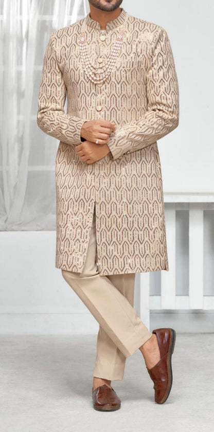 Handcrafted Golden Wedding Sherwani, Indian Groom Attire