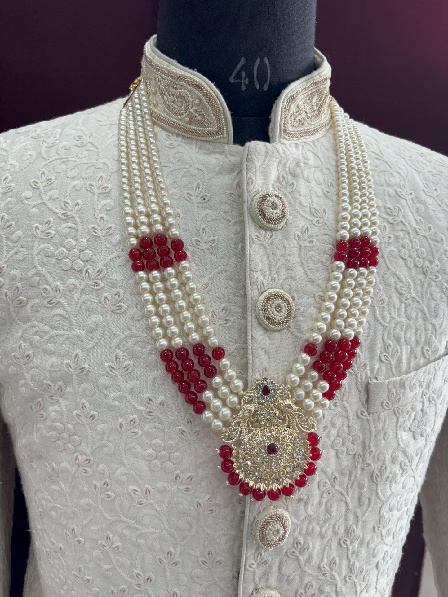 Kundan Groom Necklace, Maroon & White Sherwani Wedding Jewelry