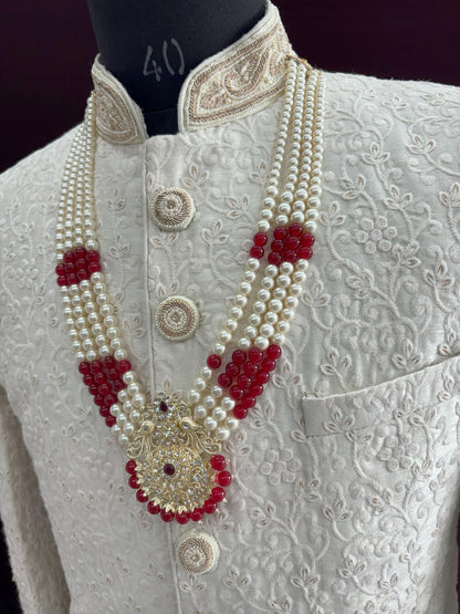 Kundan Groom Necklace, Maroon & White Sherwani Wedding Jewelry