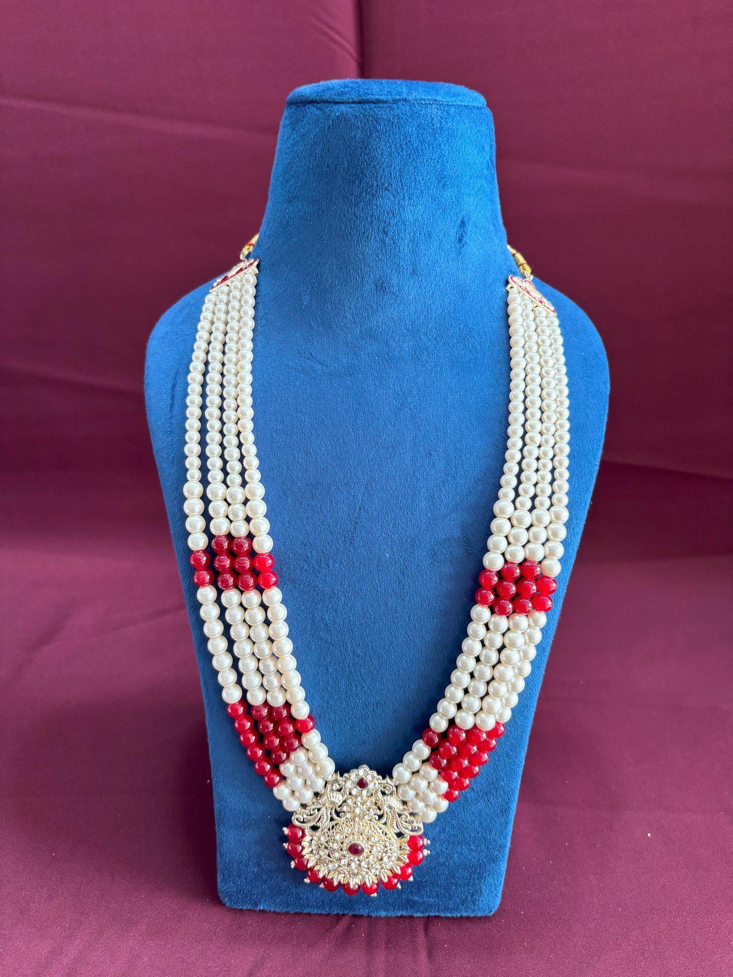 Kundan Groom Necklace, Maroon & White Sherwani Wedding Jewelry