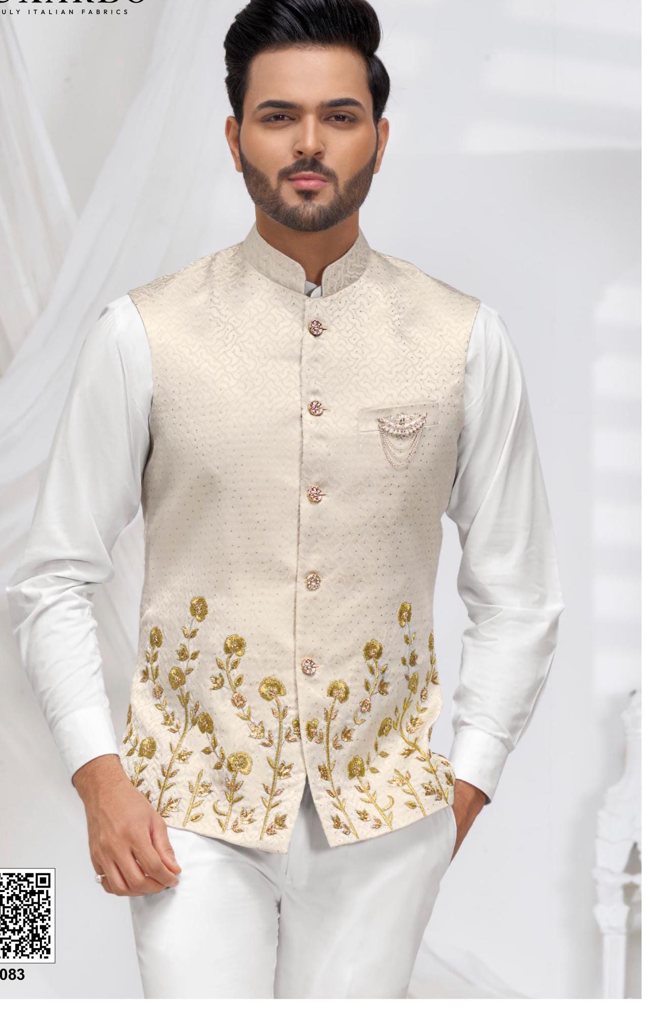 Cream Nehru Jacket: Embroidered Modi Jacket, Groom Wedding Waistcoat