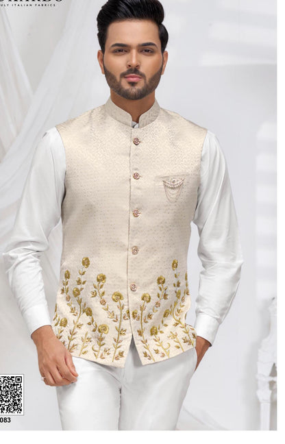 Cream Nehru Jacket: Embroidered Modi Jacket, Groom Wedding Waistcoat