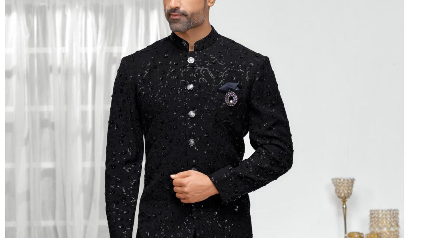 Majestic Black Handwork Sherwani: Indo Western Groom Outfit