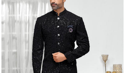 Majestic Black Handwork Sherwani: Indo Western Groom Outfit