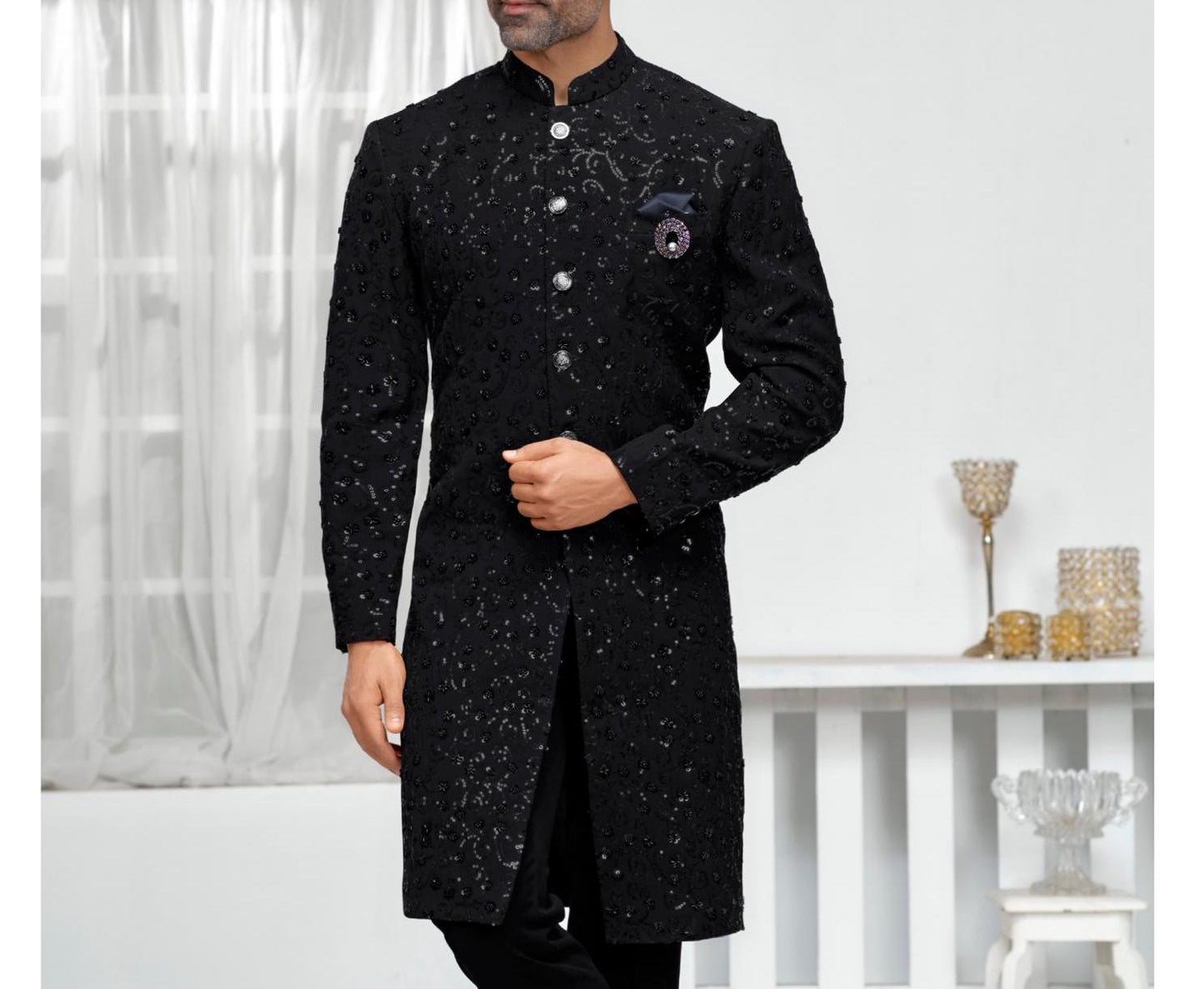 Majestic Black Handwork Sherwani: Indo Western Groom Outfit