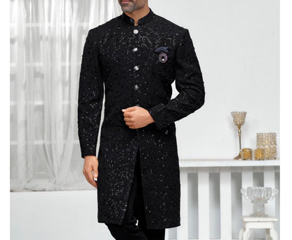 Majestic Black Handwork Sherwani: Indo Western Groom Outfit