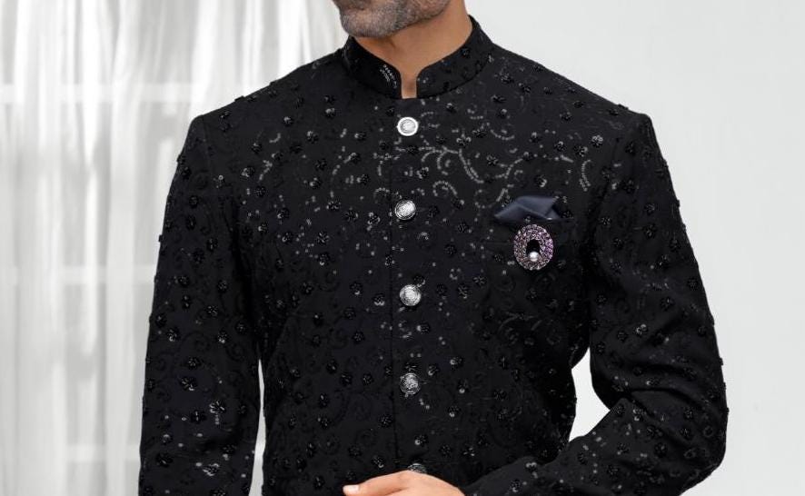 Majestic Black Handwork Sherwani: Indo Western Groom Outfit