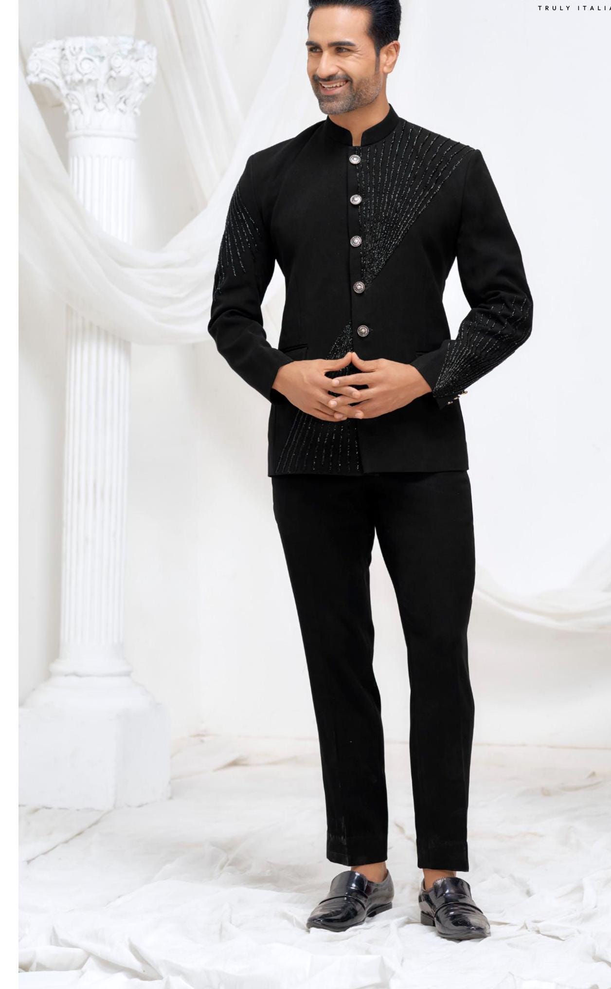 Elegant Black Handwork Jodhpuri Suit: Indian Groom Wedding Outfit