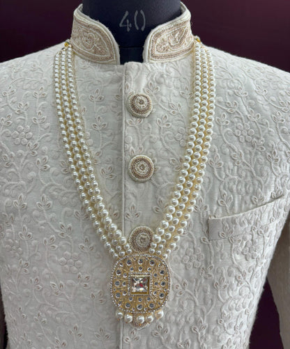 White Kundan Groom Necklace, Sherwani Mala Wedding Jewelry