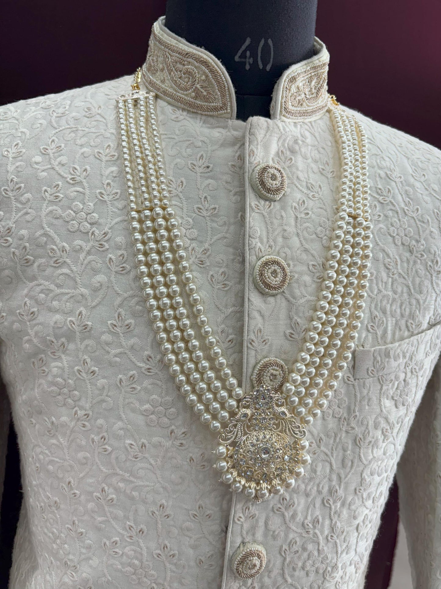 Groom Pearl Necklace, Indian Sherwani Kantha Jewelry Set