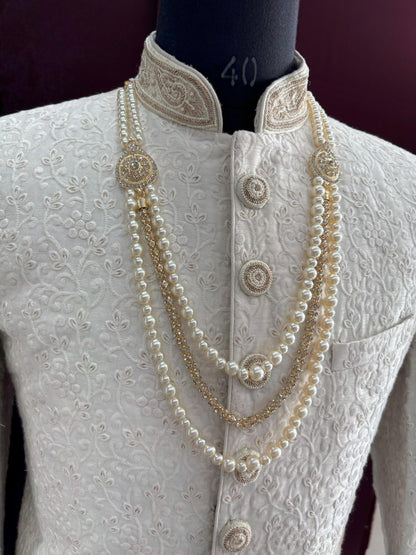 Pearl & Stone Bead Groom Necklace, Indian Wedding Sherwani Kantha