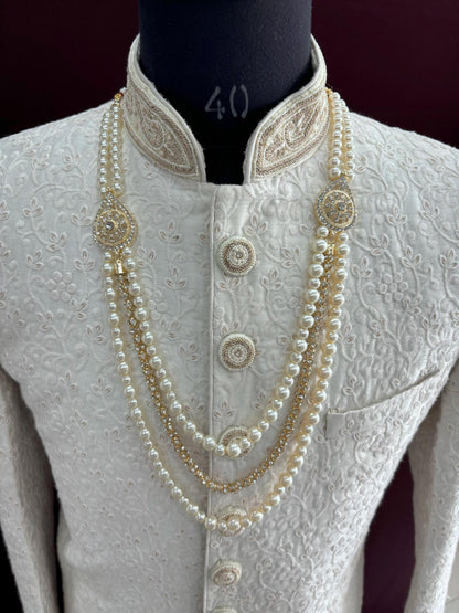 Pearl & Stone Bead Groom Necklace, Indian Wedding Sherwani Kantha