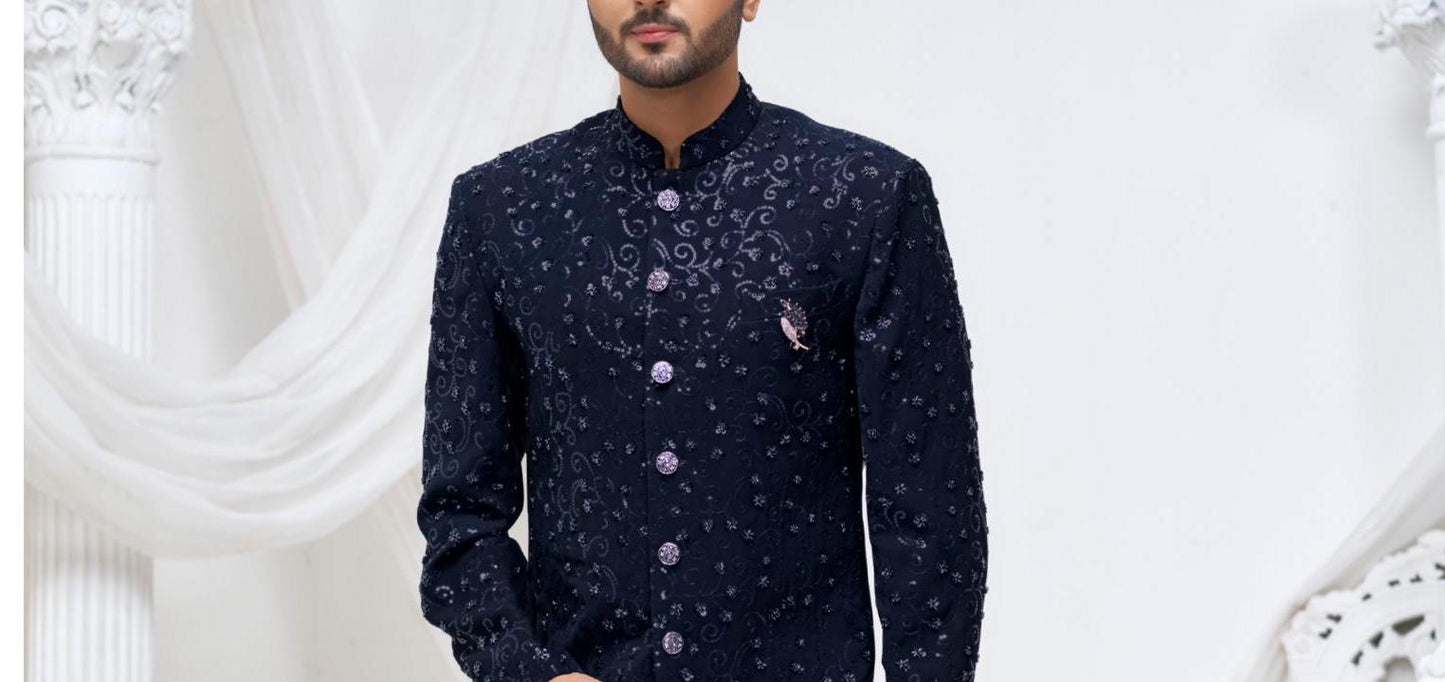 Blue Handwork Sherwani: Bollywood Groom Jodhpuri Suit
