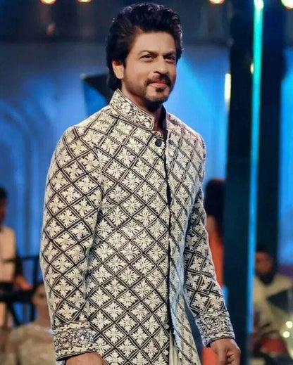 Black Silver Velvet Sherwani, Bollywood Achkan, Groom Wedding Attire