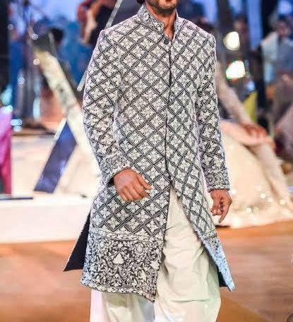 Black Silver Velvet Sherwani, Bollywood Achkan, Groom Wedding Attire