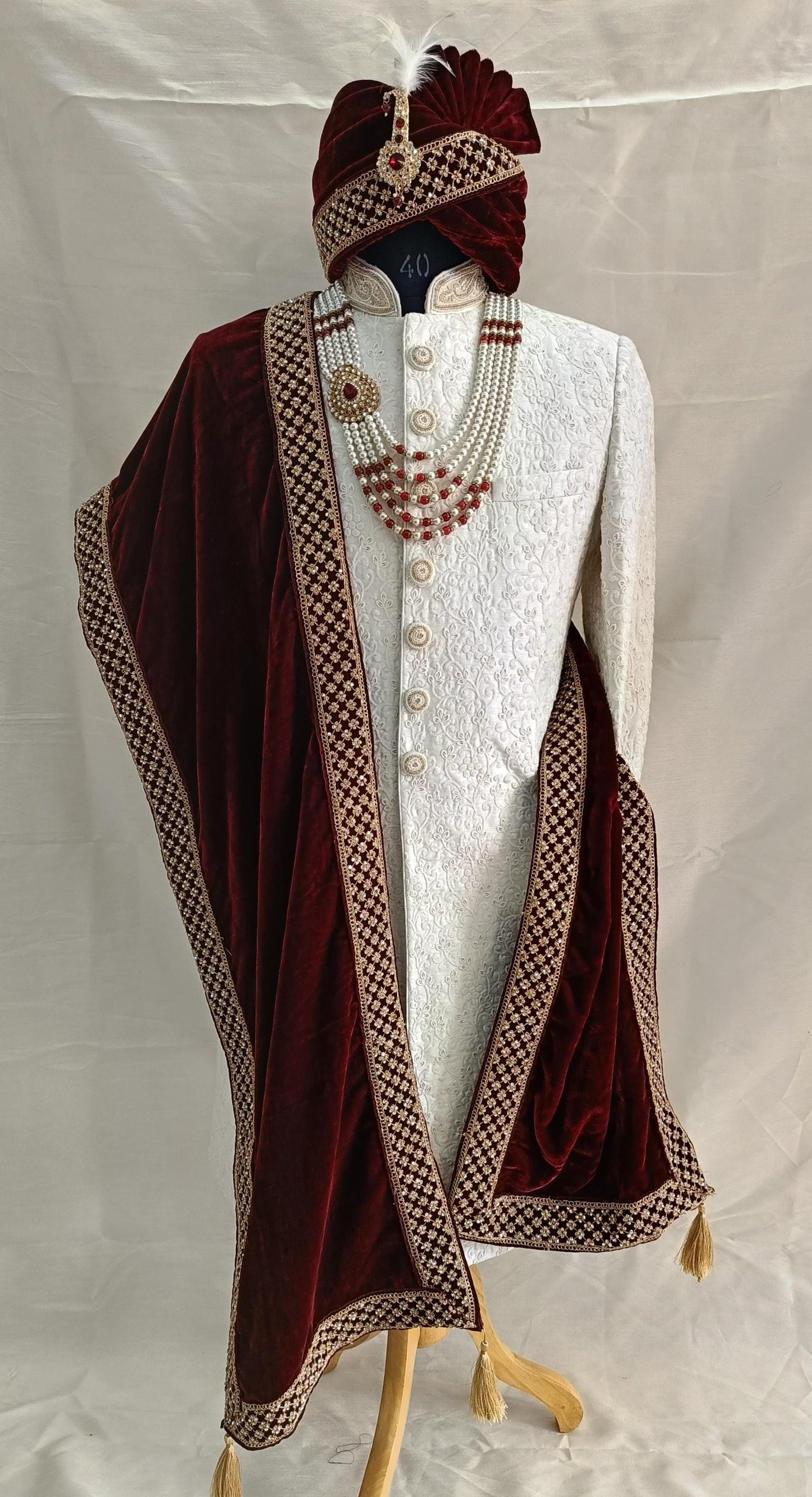 Red Wedding Turban & Shawl Set: Indian Groom Sherwani Safa Combo