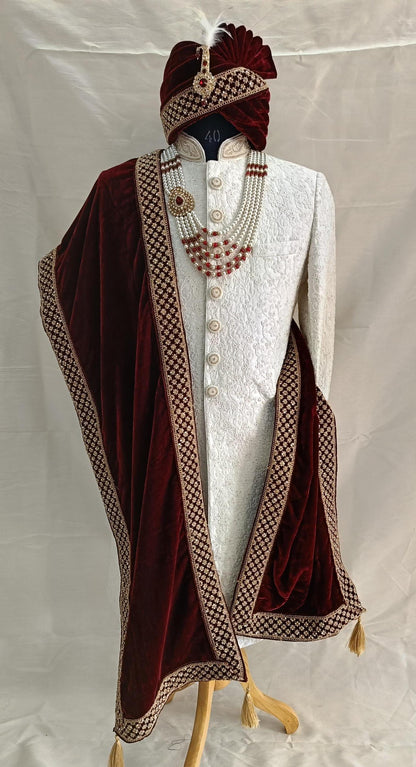 Red Wedding Turban & Shawl Set: Indian Groom Sherwani Safa Combo
