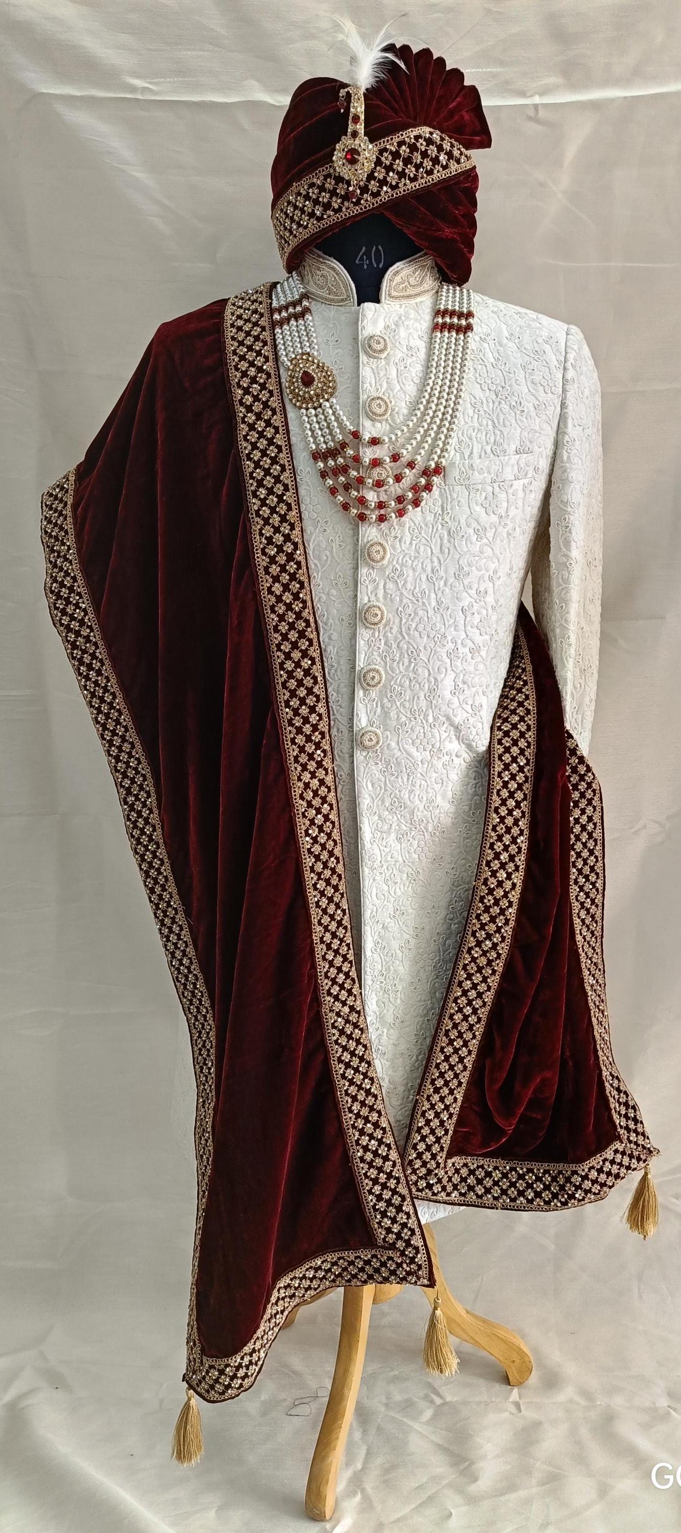 Red Velvet Groom Shawl: Embroidered Indian Wedding Dupatta