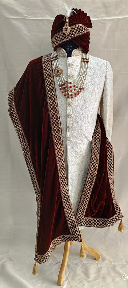 Red Velvet Groom Shawl: Embroidered Indian Wedding Dupatta