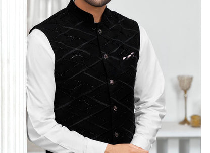 Handwork Printed Black Nehru Jacket: Indian Wedding Groom Attire