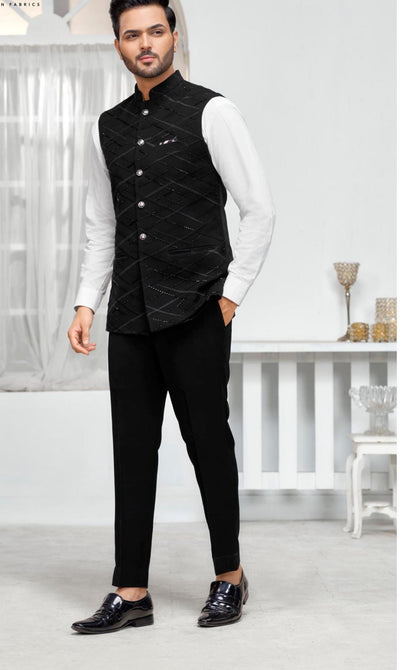 Handwork Printed Black Nehru Jacket: Indian Wedding Groom Attire