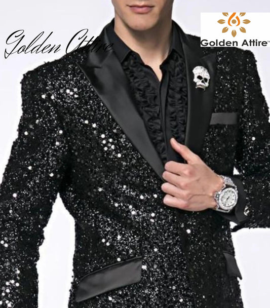 Men's Black Sequin Blazer: Handmade Tuxedo Jacket