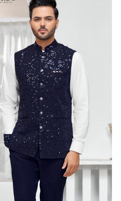 Navy Blue Nehru Jacket: Handwork Modi Jacket, Groom Wedding Attire