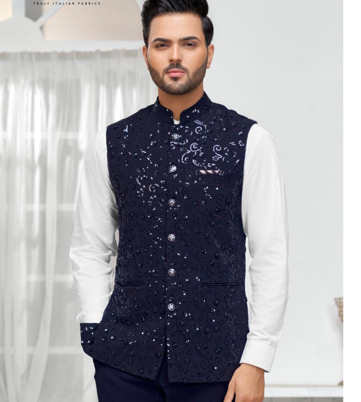 Navy Blue Nehru Jacket: Handwork Modi Jacket, Groom Wedding Attire