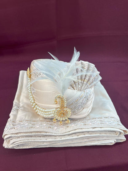 Cream Wedding Turban & Shawl Set: Indian Groom Safa Combo