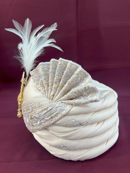 Cream Wedding Turban & Shawl Set: Indian Groom Safa Combo