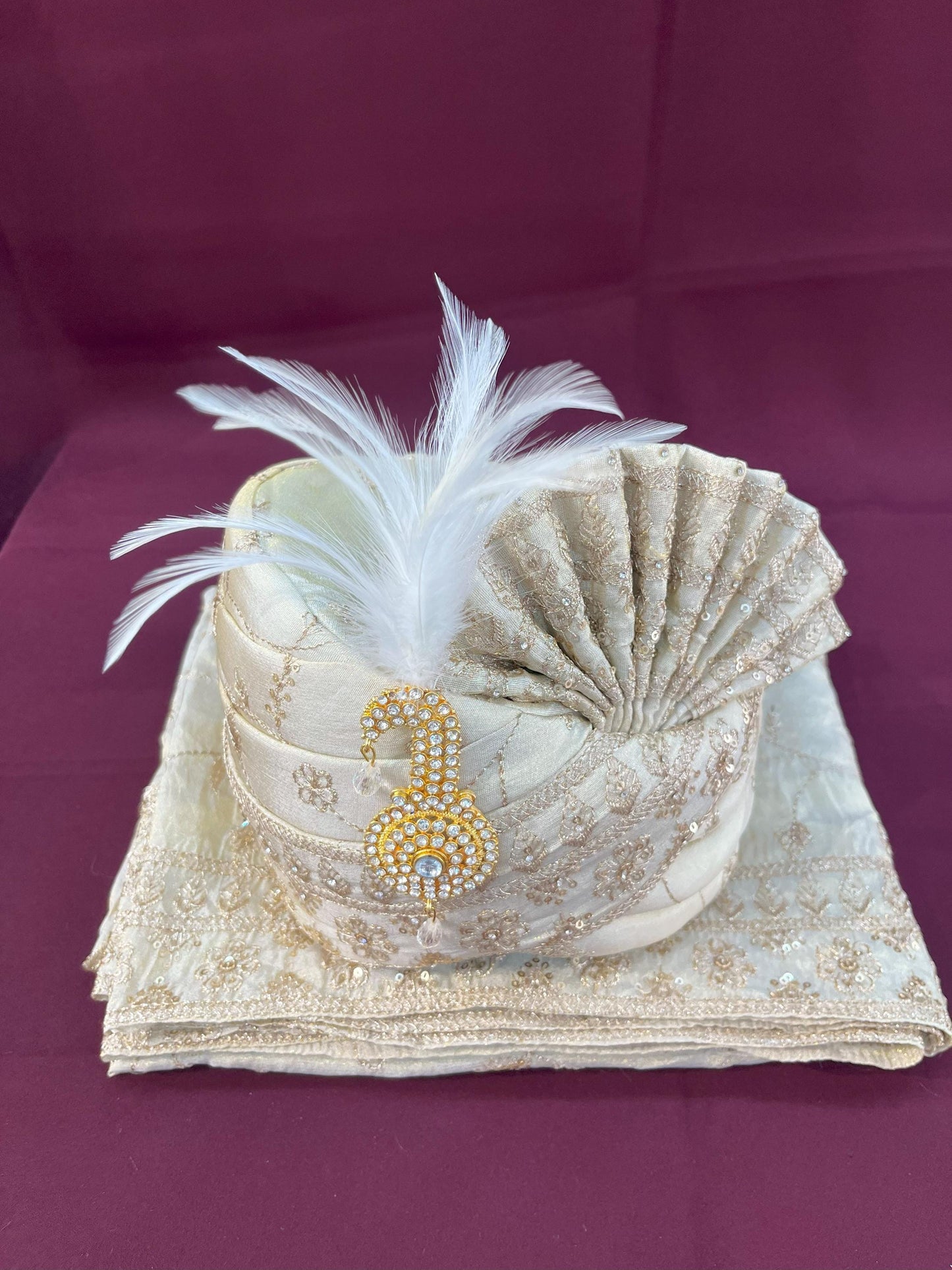 Champagne Ivory Wedding Turban & Shawl Set, Indian Groom Safa Combo