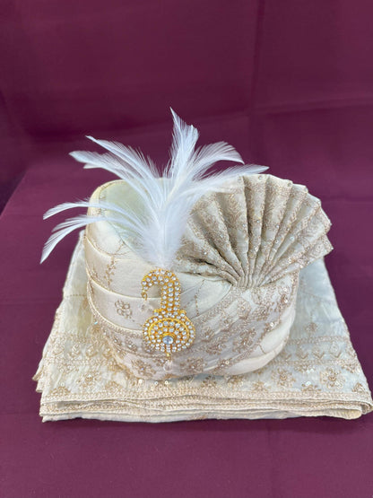 Champagne Ivory Wedding Turban & Shawl Set, Indian Groom Safa Combo