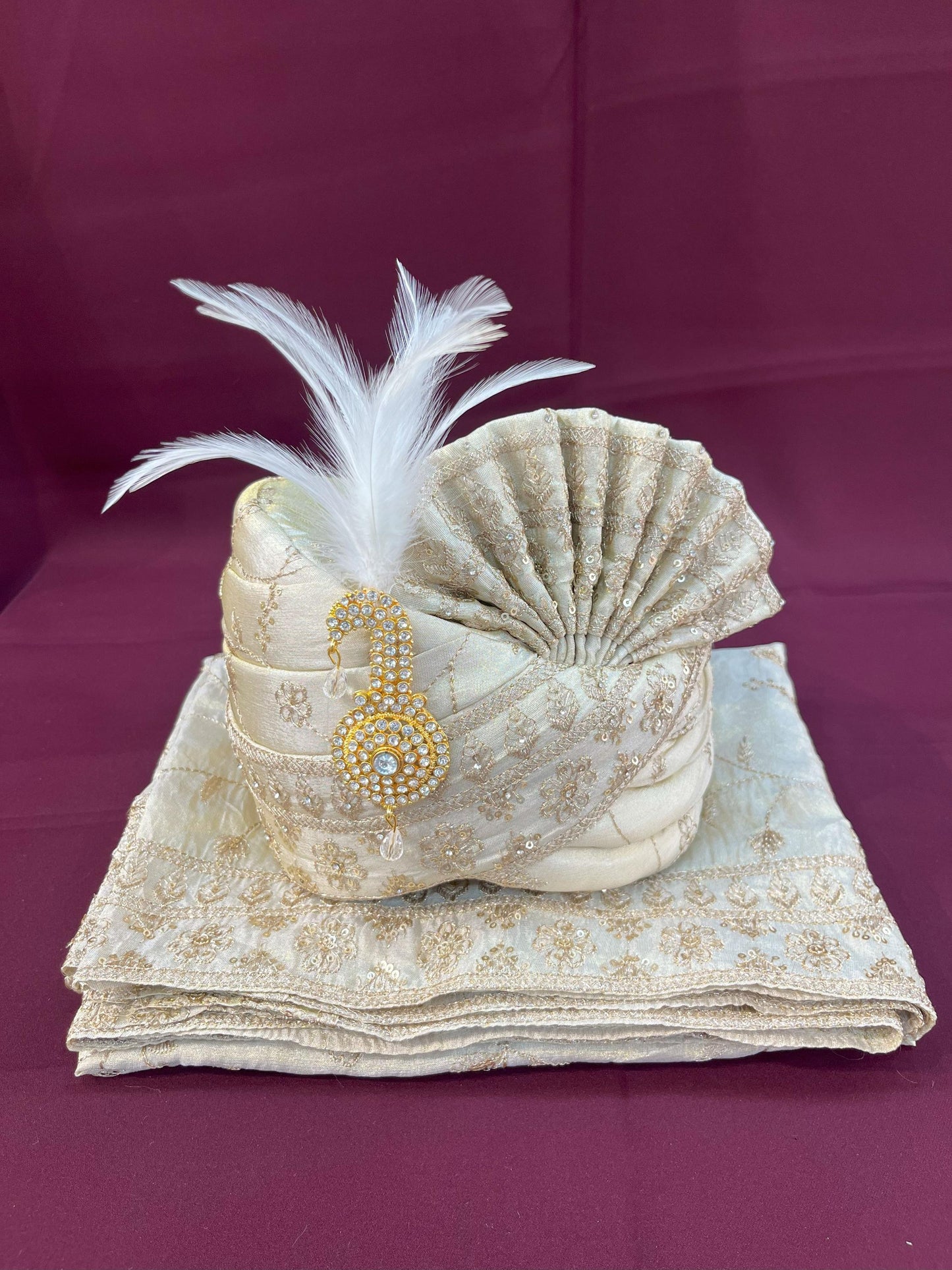 Champagne Ivory Wedding Turban & Shawl Set, Indian Groom Safa Combo