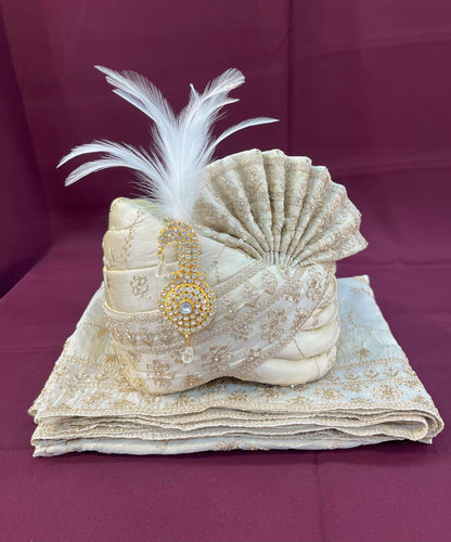 Champagne Ivory Wedding Turban & Shawl Set, Indian Groom Safa Combo