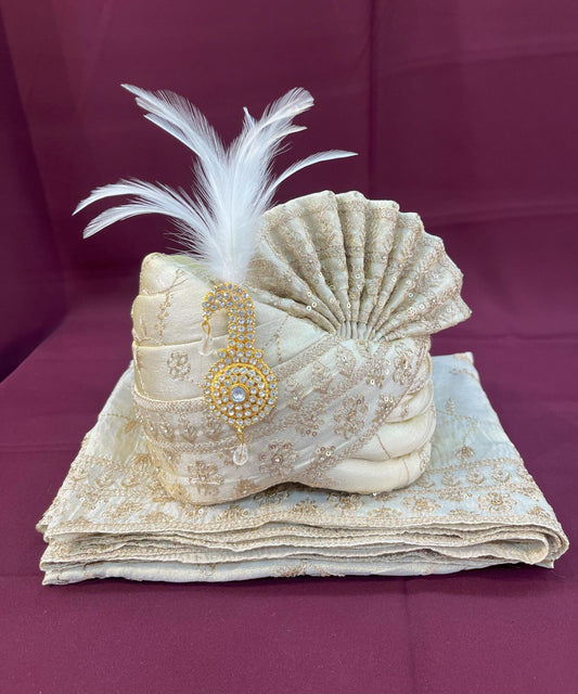 Champagne Ivory Wedding Turban & Shawl Set, Indian Groom Safa Combo