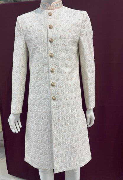 Handcrafted White Sherwani, Wedding Suit