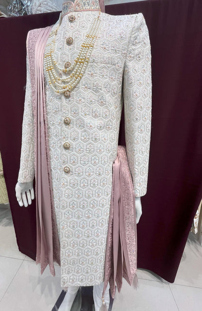 Handcrafted White Sherwani, Wedding Suit