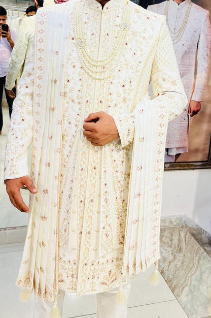 Ivory Embroidered Sherwani Set, Indian Groom Outfit