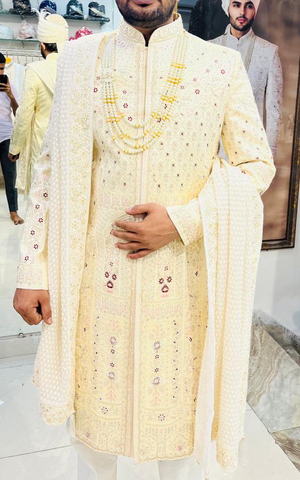 Cream Groom Sherwani: Indian Wedding Outfit